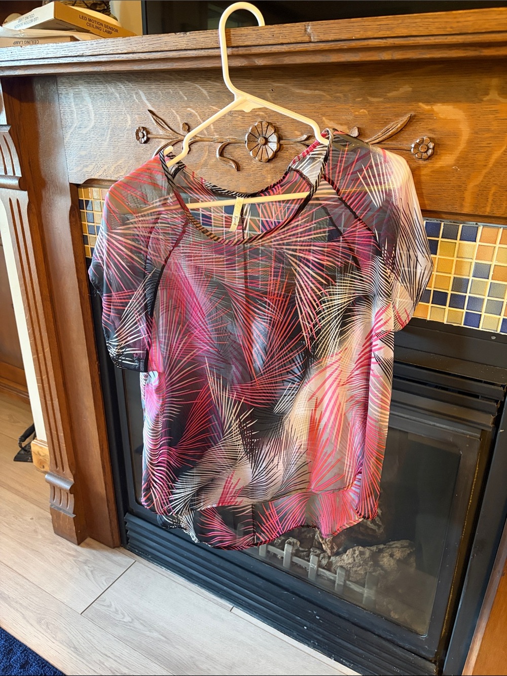 B Jewel Tropical Leaf Print Sheer Top in Pink and Black